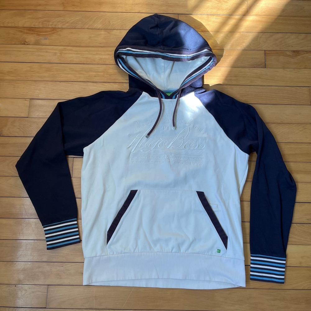 Hugo Boss Green Label Mens Navy White Raglan Embossed Logo Hoodie Sweatshirt